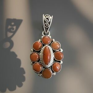 Sterling Silver Red Coral Pendant Vintage Southwestern Boho